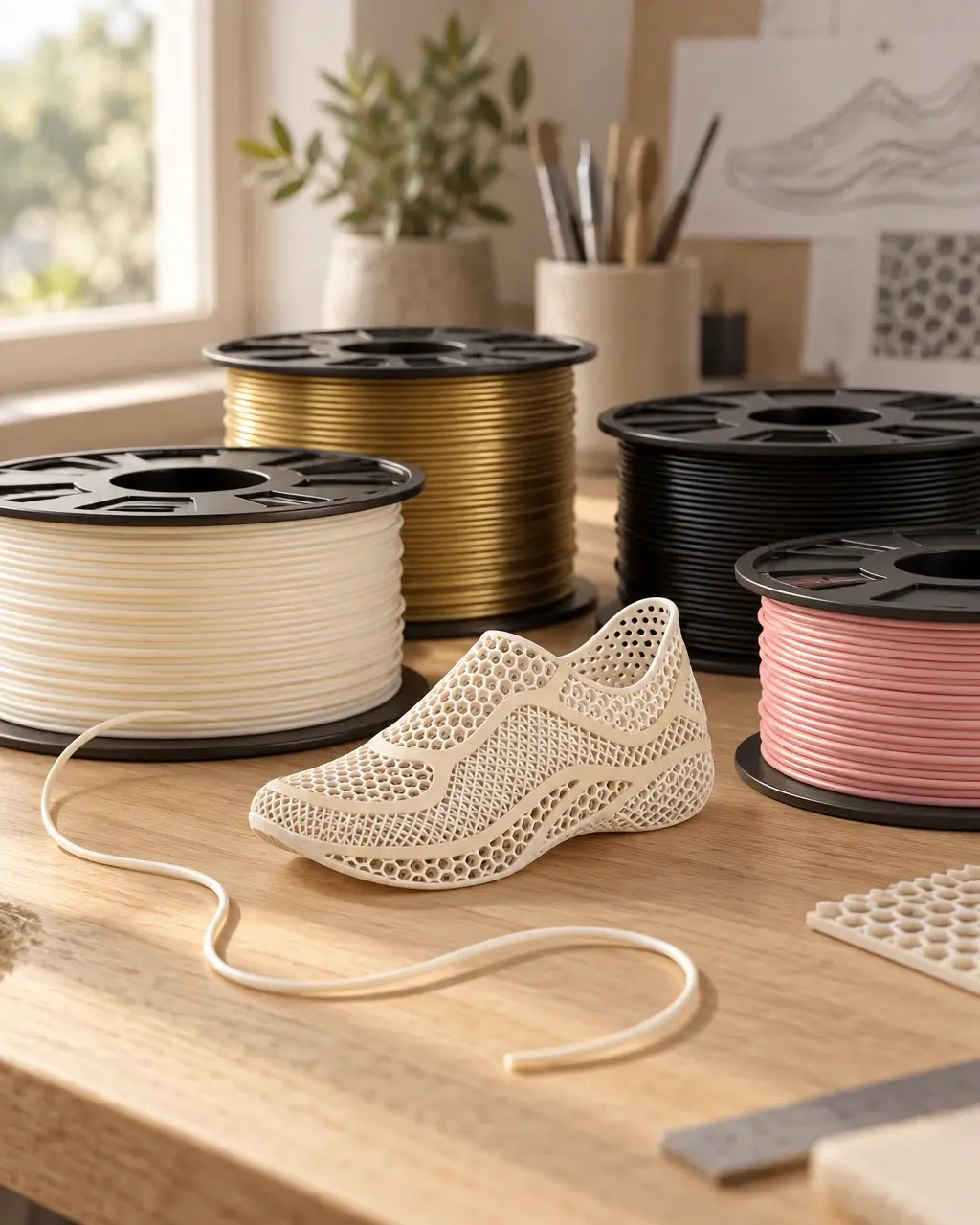 Bobines de filament sur un établi en chêne