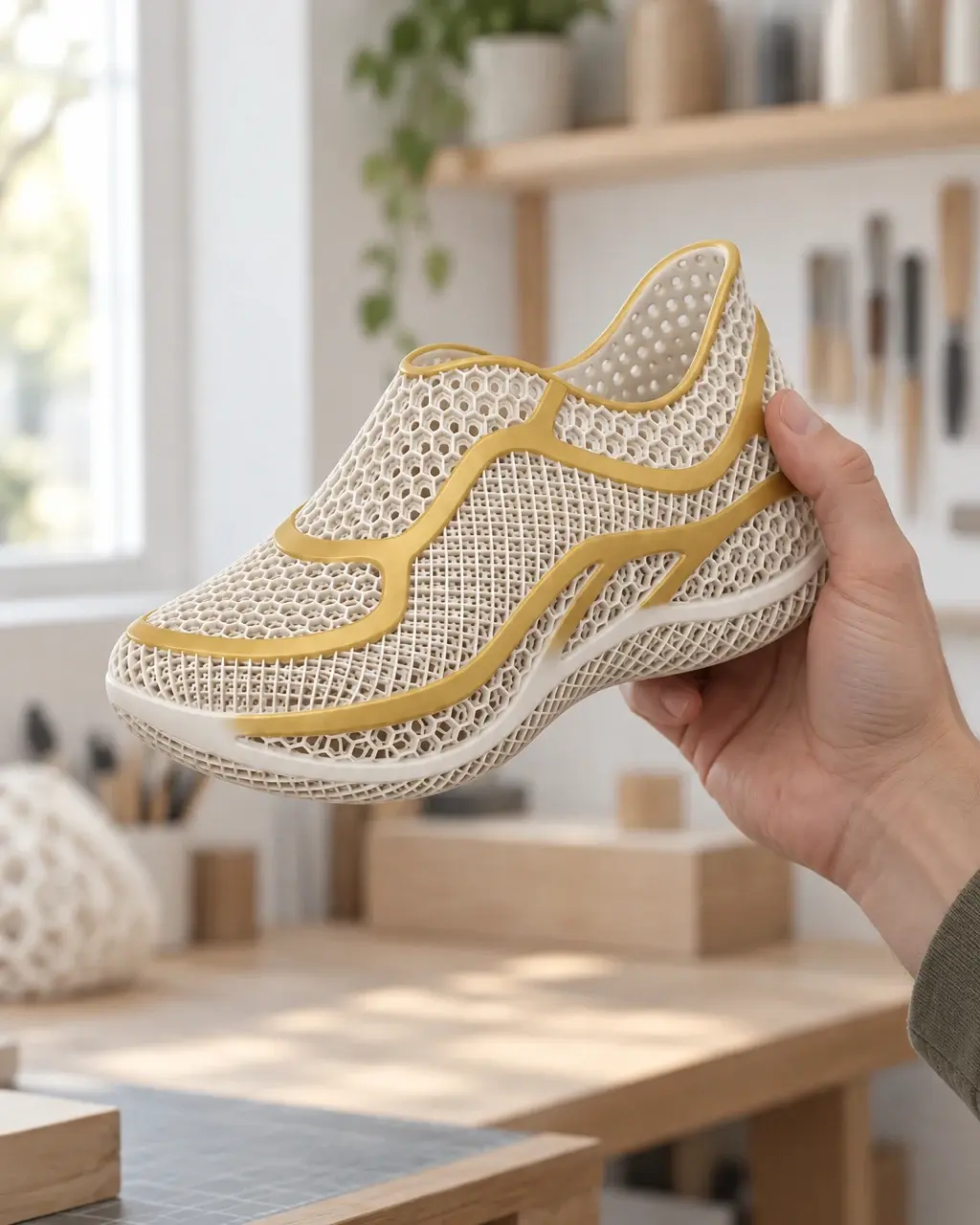 Main d’artisan tenant une sneaker Onde ivoire et or