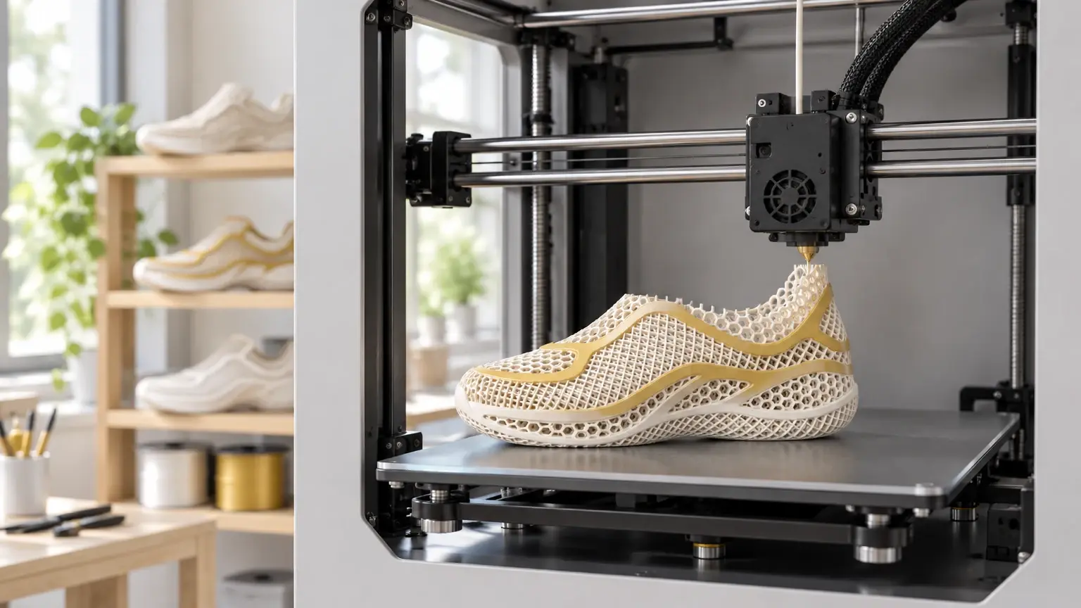 Imprimante 3D de l’atelier en train d’imprimer une chaussure