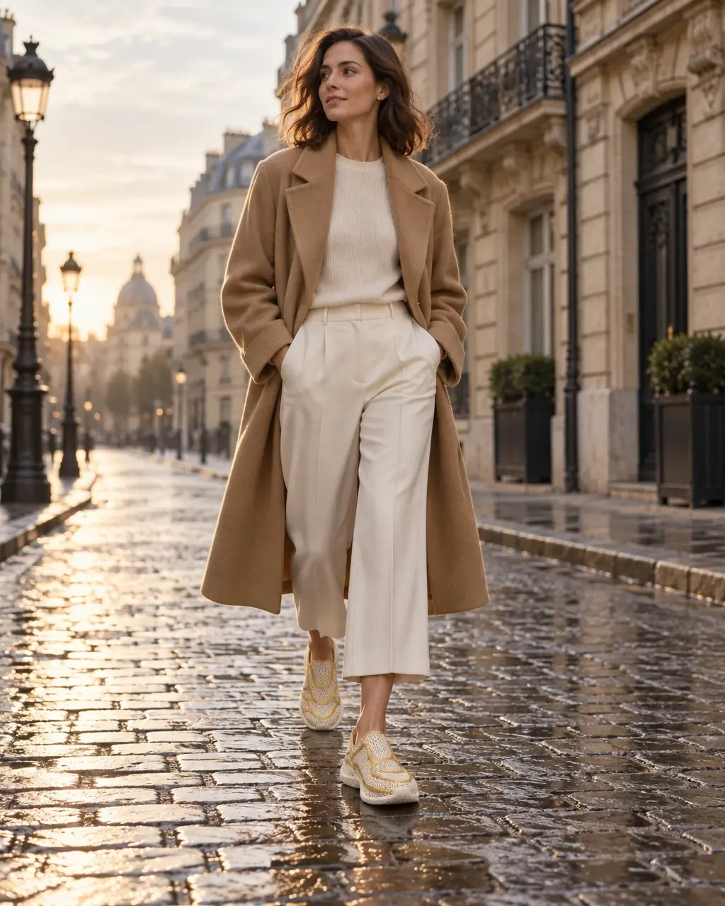 Femme marchant dans une rue pavée de Paris au petit matin, chaussée de la sneaker Onde ivoire et or