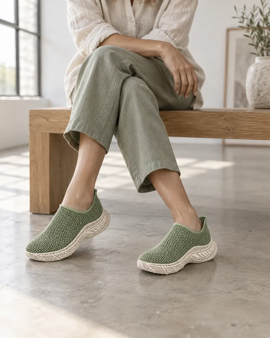Femme assise sur un banc en chêne dans un loft lumineux, sneakers Nuée vert sauge et semelle ivoire