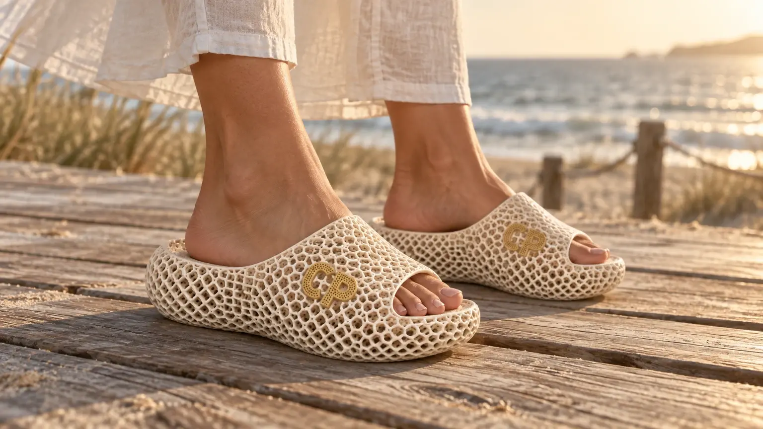 Pieds d’une femme sur un ponton en bois au bord de la mer, mules Lagune ivoire et or