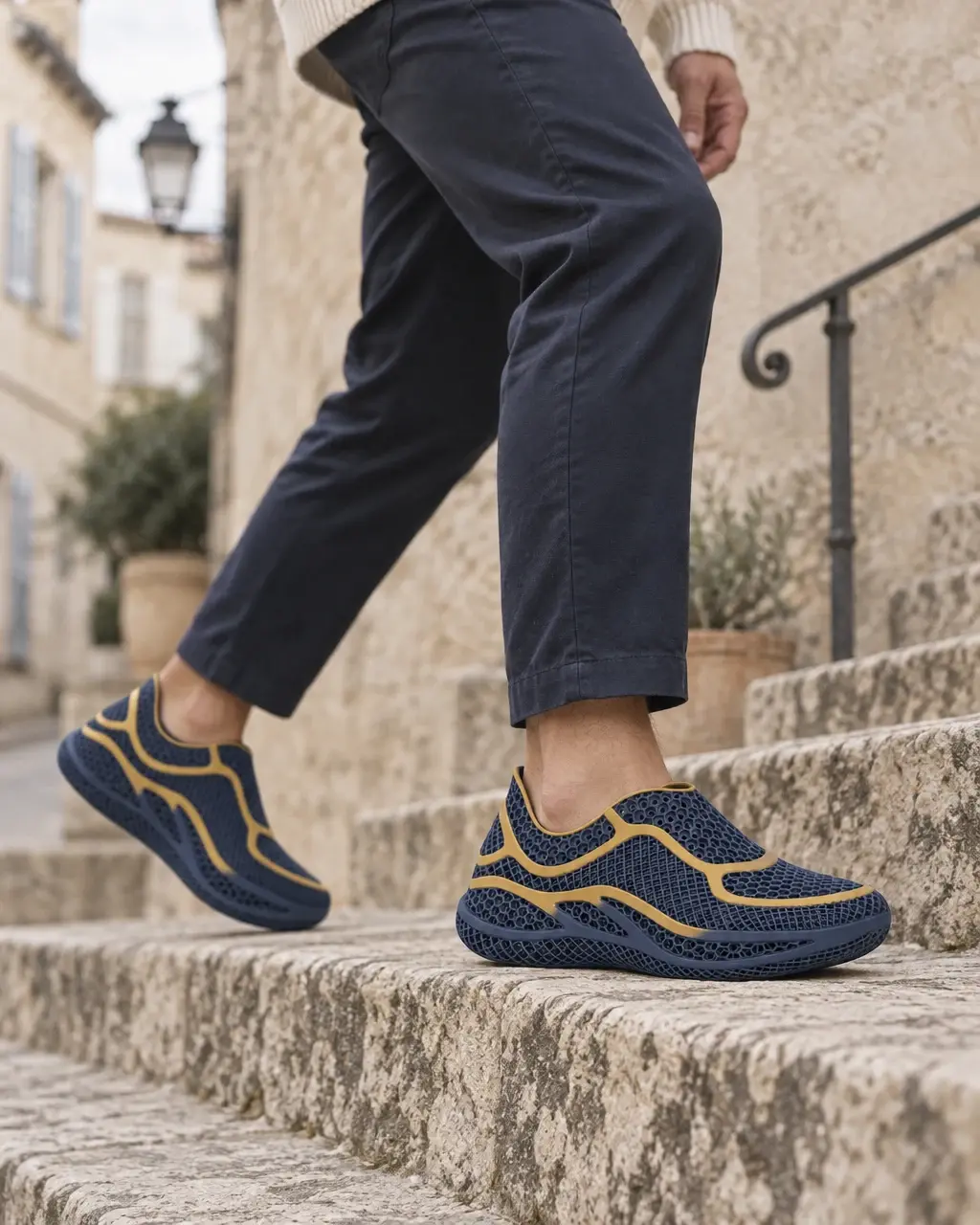 Homme montant un escalier en pierre, détail en mouvement des sneakers Onde bleu nuit et or