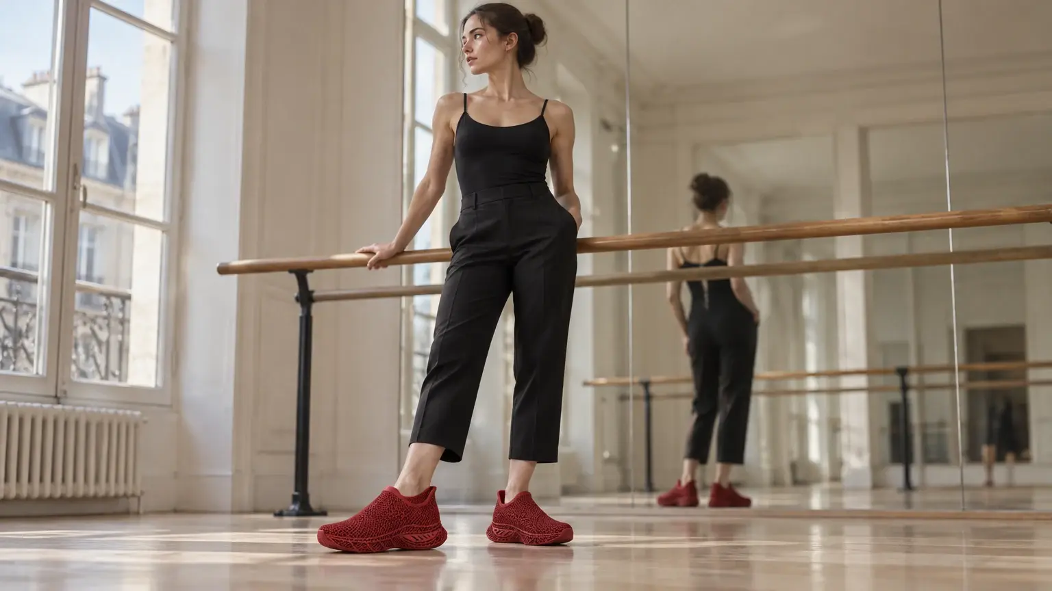 Danseuse dans un studio de danse lumineux, sneakers Nuée grenat