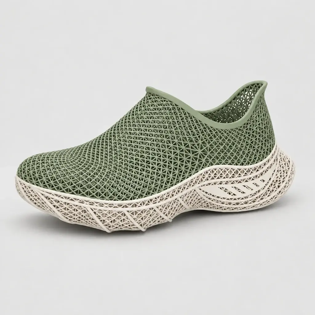 Sneaker Nuée vert sauge et semelle ivoire imprimée en 3D, vue de trois quarts