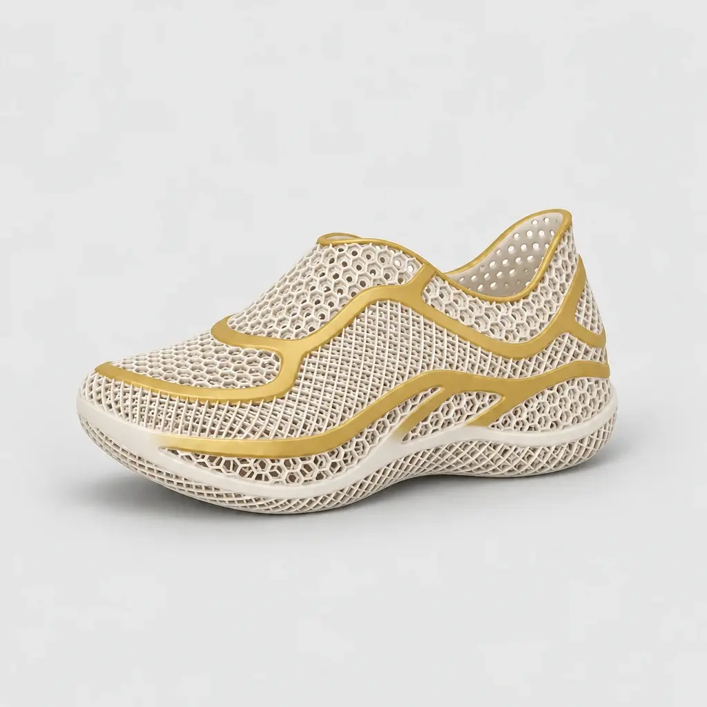 Sneaker Onde ivoire et or imprimée en 3D, vue de trois quarts