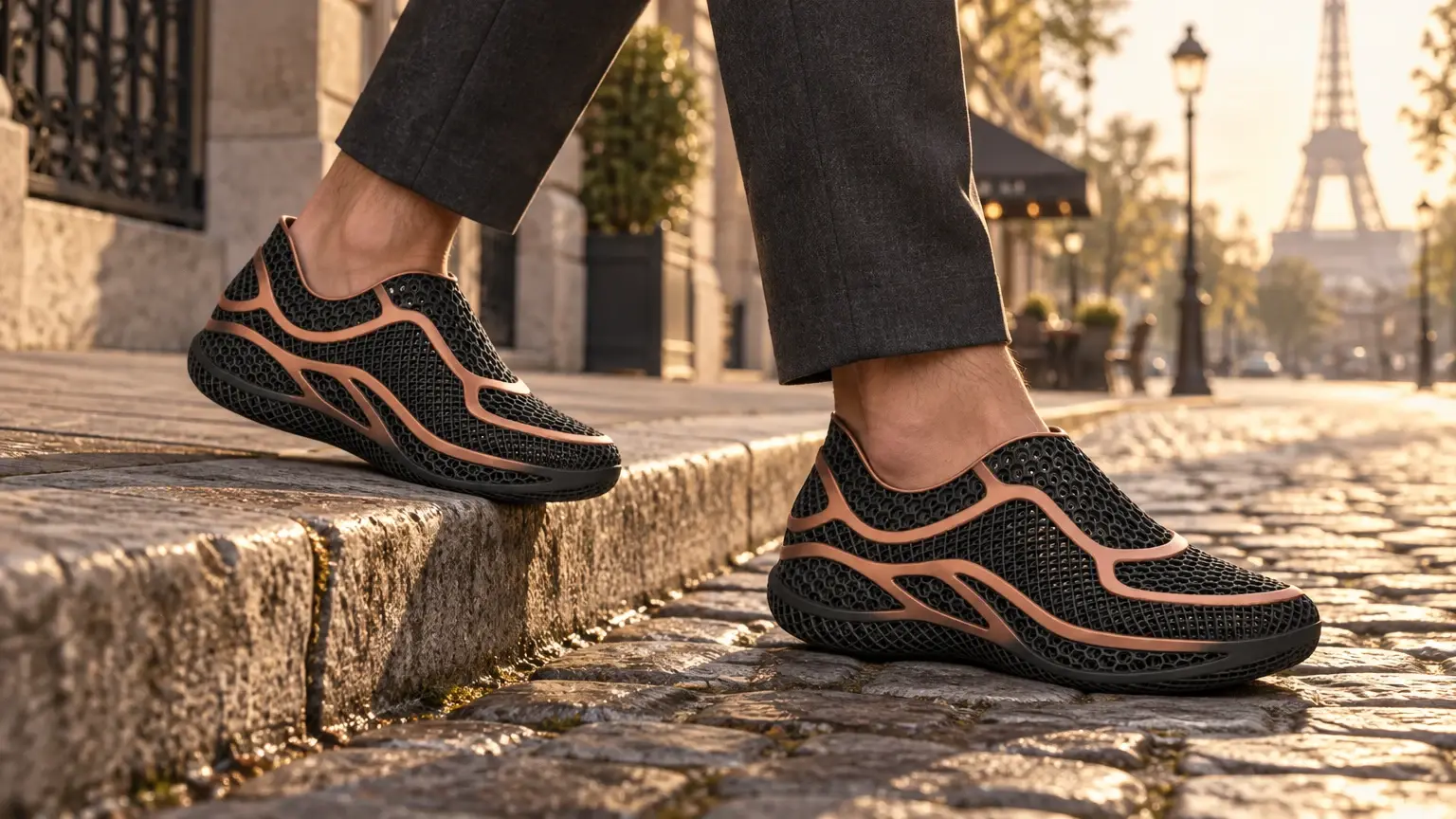 Gros plan sur les pieds d’un homme descendant d’un trottoir parisien, sneakers Onde noir et cuivre