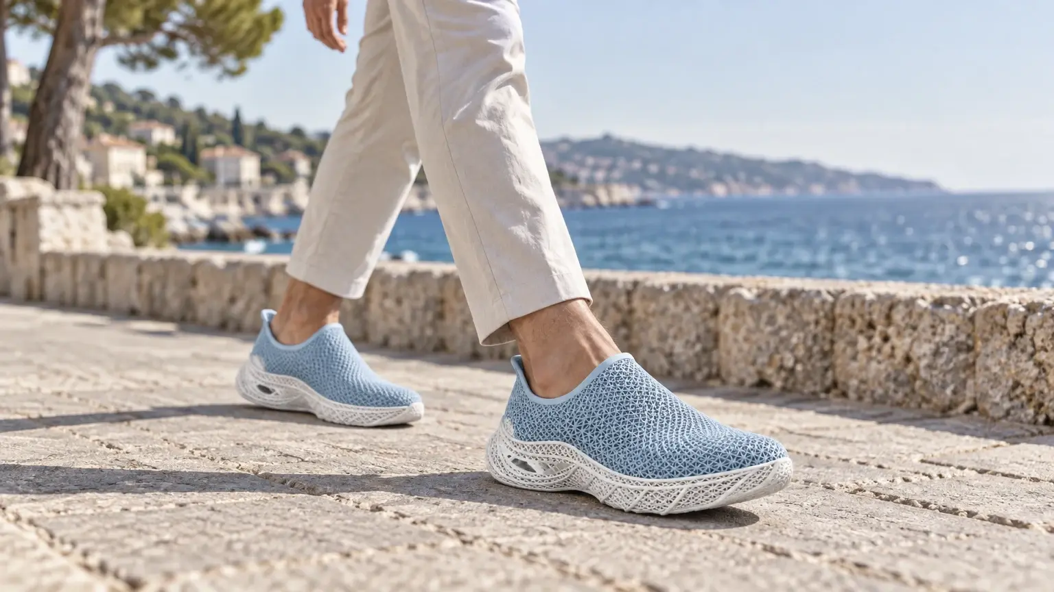 Homme marchant sur une promenade en bord de mer, sneakers Nuée bleu glacier