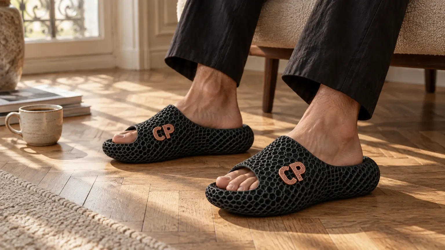 Pieds d’un homme sur un parquet en chevrons, mules Lagune noir et cuivre